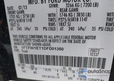 2013 Ford F-150 Xlt z USA, uszkodzony, nr VIN 1FTFW1ET1DFD01350